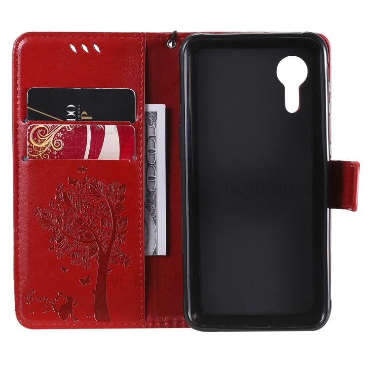 Imprinted Cat Tree Leather Coated TPU Card Holder Case with Kickstand for Samsung Galaxy Xcover 5 - Red-8