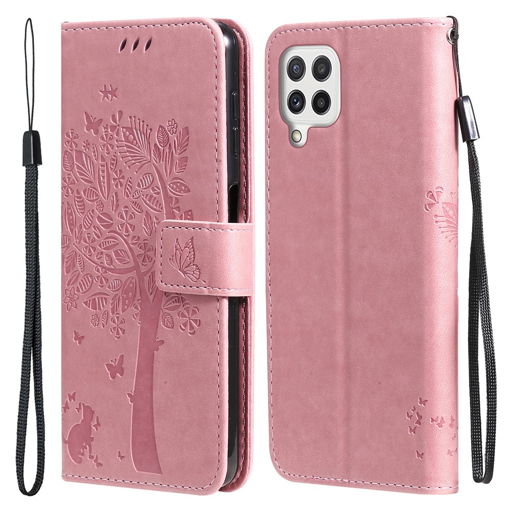 Imprinted Cat Tree Leather Coated TPU Card Holder Case with Kickstand for Samsung Galaxy A22 4G (EU Version) - Pink-1
