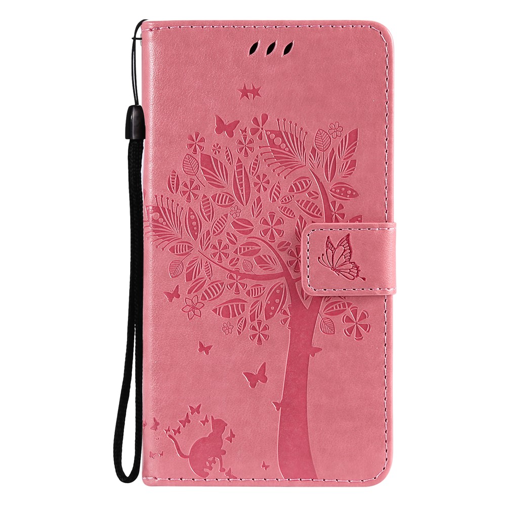 Imprinted Cat Tree Leather Coated TPU Card Holder Case with Kickstand for Samsung Galaxy A22 4G (EU Version) - Pink-2