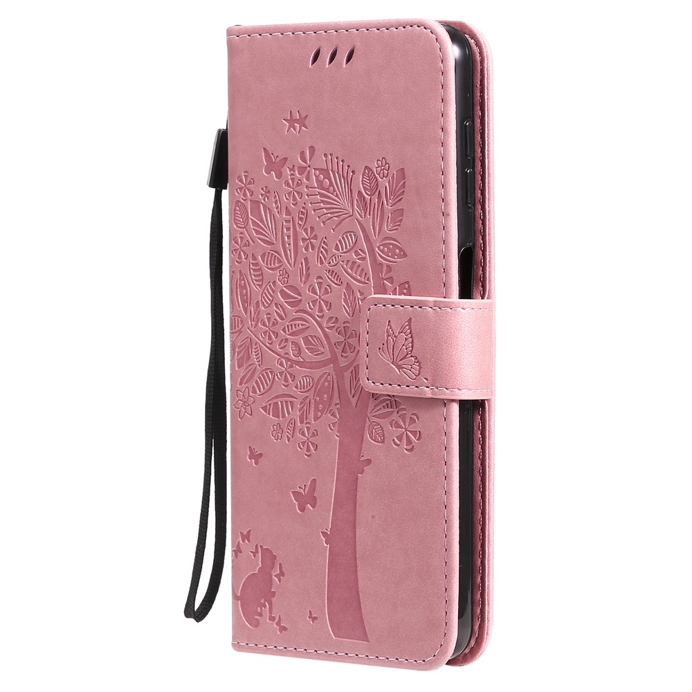 Imprinted Cat Tree Leather Coated TPU Card Holder Case with Kickstand for Samsung Galaxy A22 4G (EU Version) - Pink-3