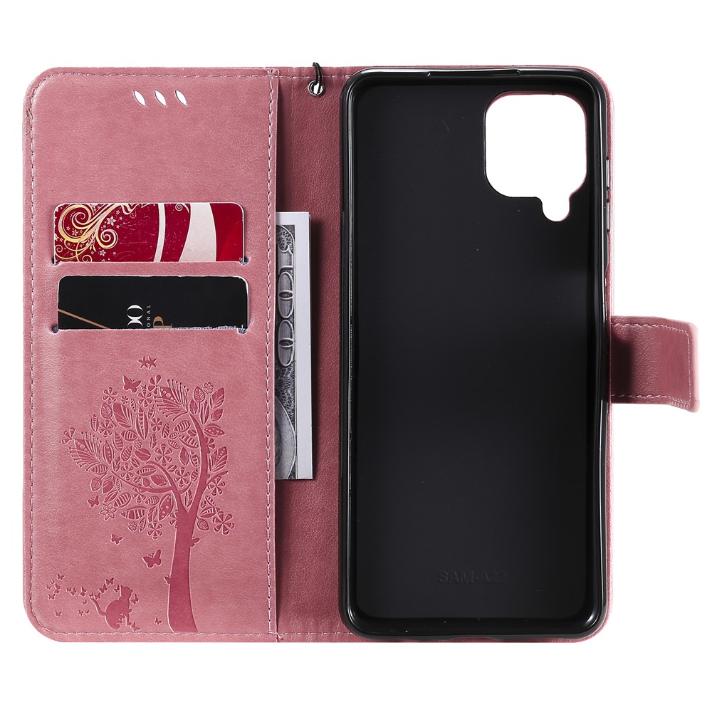 Imprinted Cat Tree Leather Coated TPU Card Holder Case with Kickstand for Samsung Galaxy A22 4G (EU Version) - Pink-6