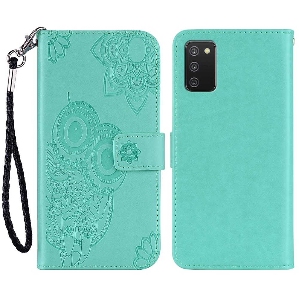 Imprint Flower Owl Pattern Phone Leather Wallet Cover with Stand for Samsung Galaxy A03s - Green-1
