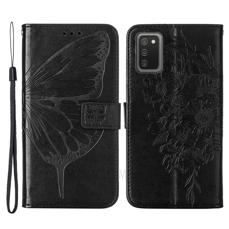 Imprint Butterfly Flower Pattern Leather Wallet Phone Stand Case for Samsung Galaxy A03s - Black-1