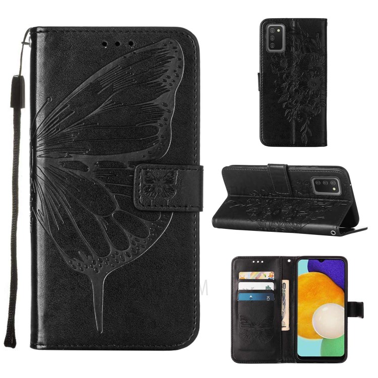 Imprint Butterfly Flower Pattern Leather Wallet Phone Stand Case for Samsung Galaxy A03s - Black-10