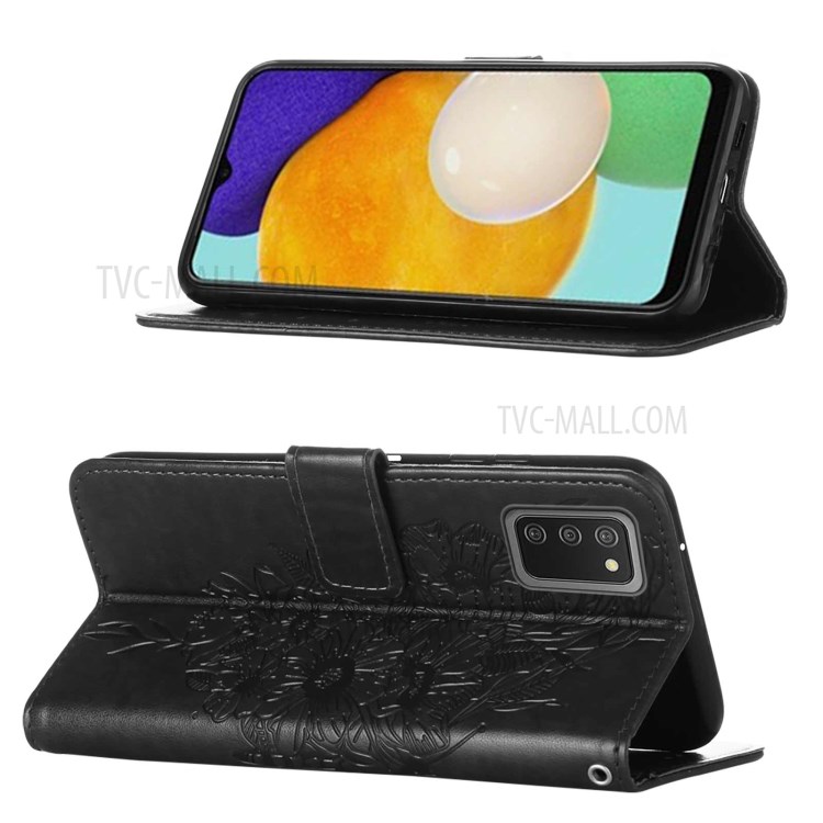 Imprint Butterfly Flower Pattern Leather Wallet Phone Stand Case for Samsung Galaxy A03s - Black-3