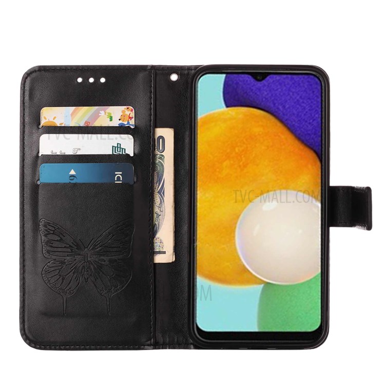 Imprint Butterfly Flower Pattern Leather Wallet Phone Stand Case for Samsung Galaxy A03s - Black-4