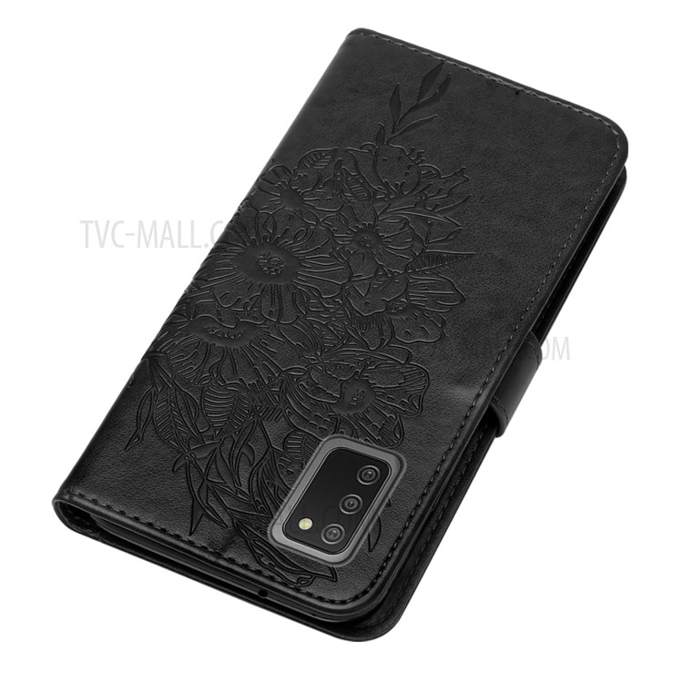 Imprint Butterfly Flower Pattern Leather Wallet Phone Stand Case for Samsung Galaxy A03s - Black-5