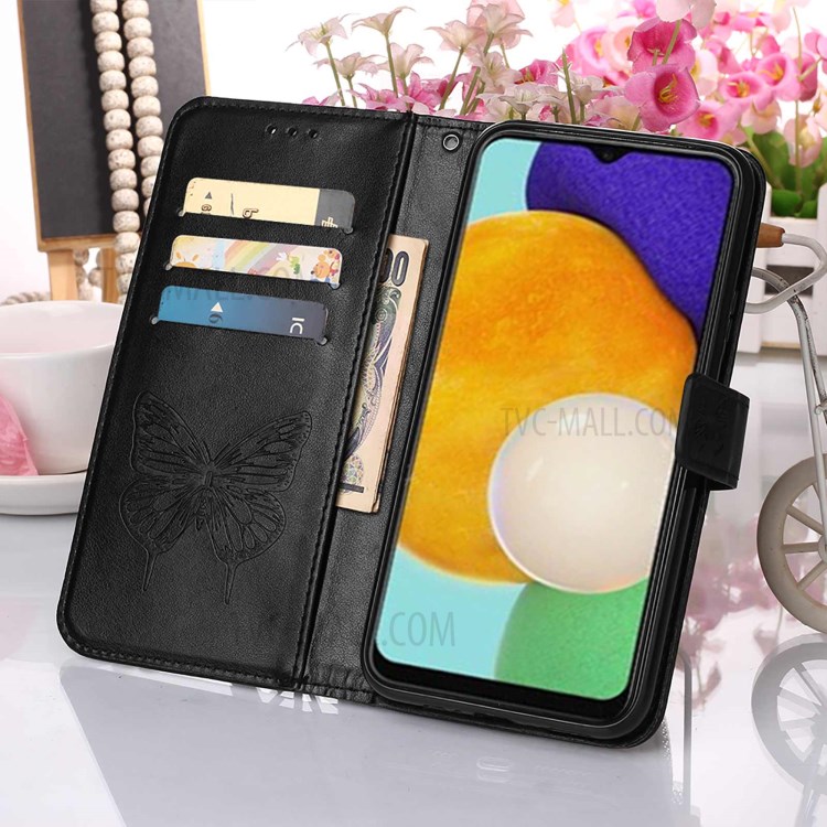 Imprint Butterfly Flower Pattern Leather Wallet Phone Stand Case for Samsung Galaxy A03s - Black-9