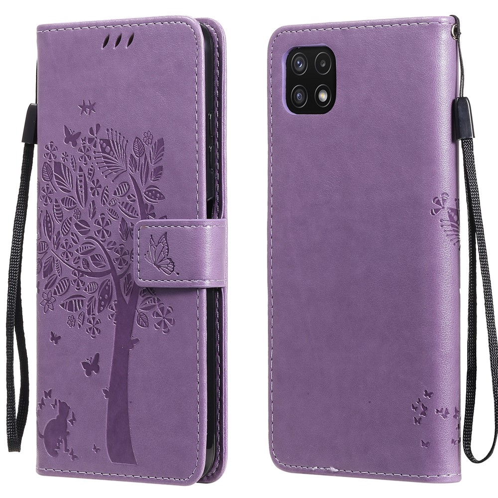 Imprinted Cat Tree Pattern PU Leather Stand Case Wallet Phone Cover Shell for Samsung Galaxy A22 5G (EU Version) - Light Purple-1