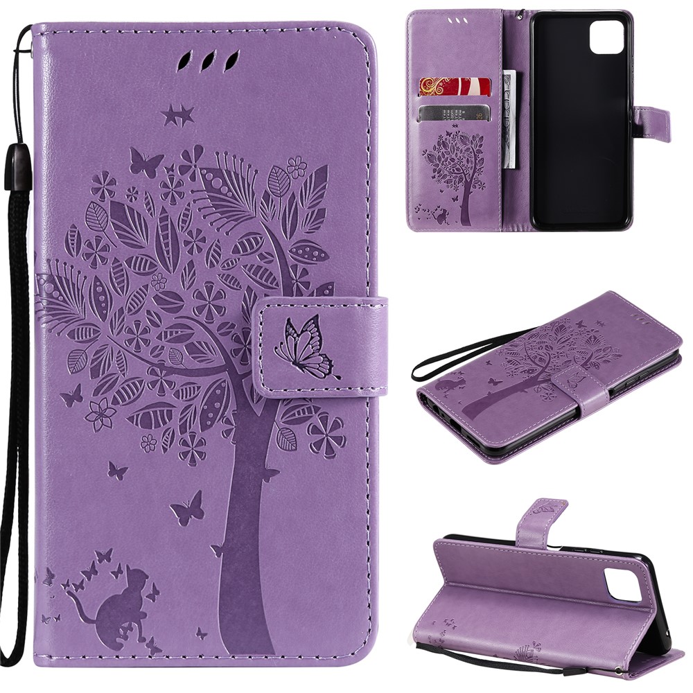Imprinted Cat Tree Pattern PU Leather Stand Case Wallet Phone Cover Shell for Samsung Galaxy A22 5G (EU Version) - Light Purple-11