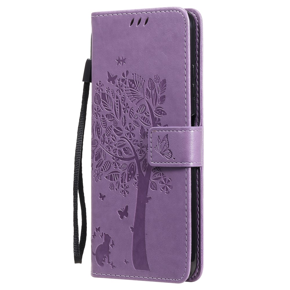 Imprinted Cat Tree Pattern PU Leather Stand Case Wallet Phone Cover Shell for Samsung Galaxy A22 5G (EU Version) - Light Purple-2