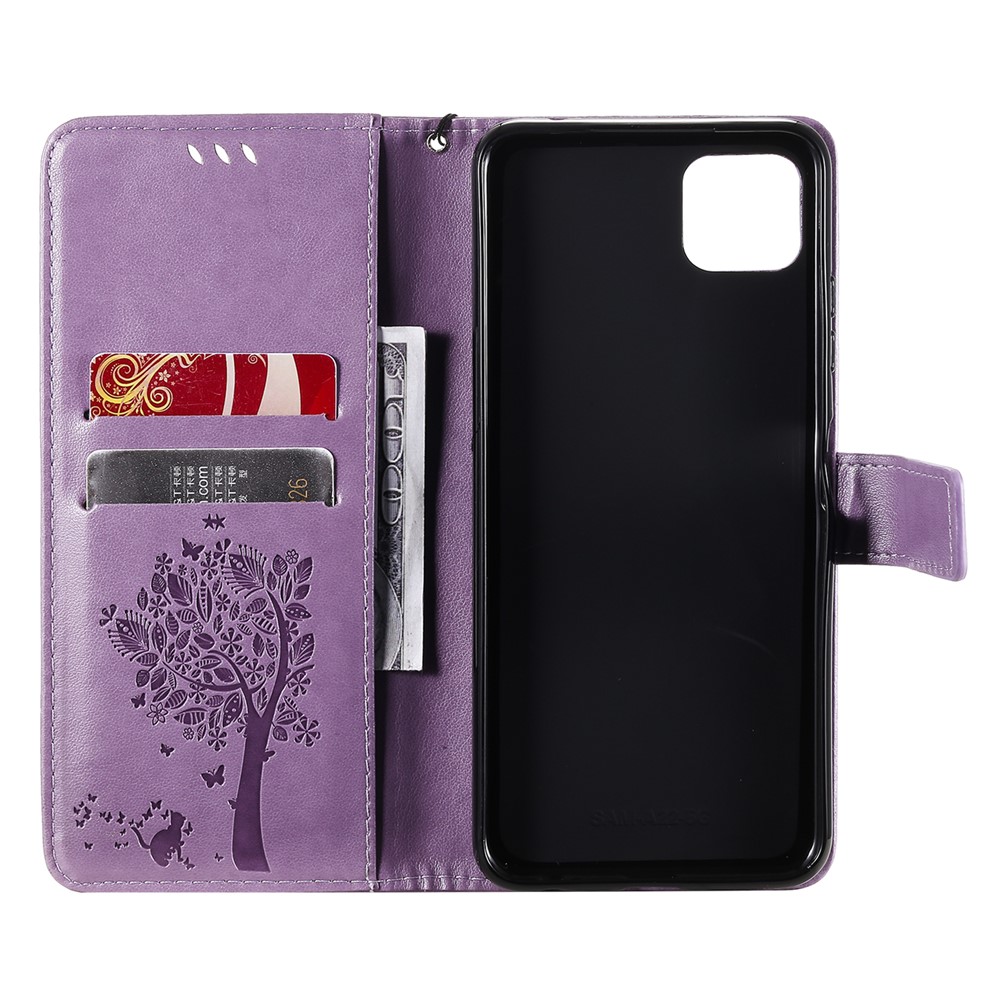 Imprinted Cat Tree Pattern PU Leather Stand Case Wallet Phone Cover Shell for Samsung Galaxy A22 5G (EU Version) - Light Purple-4