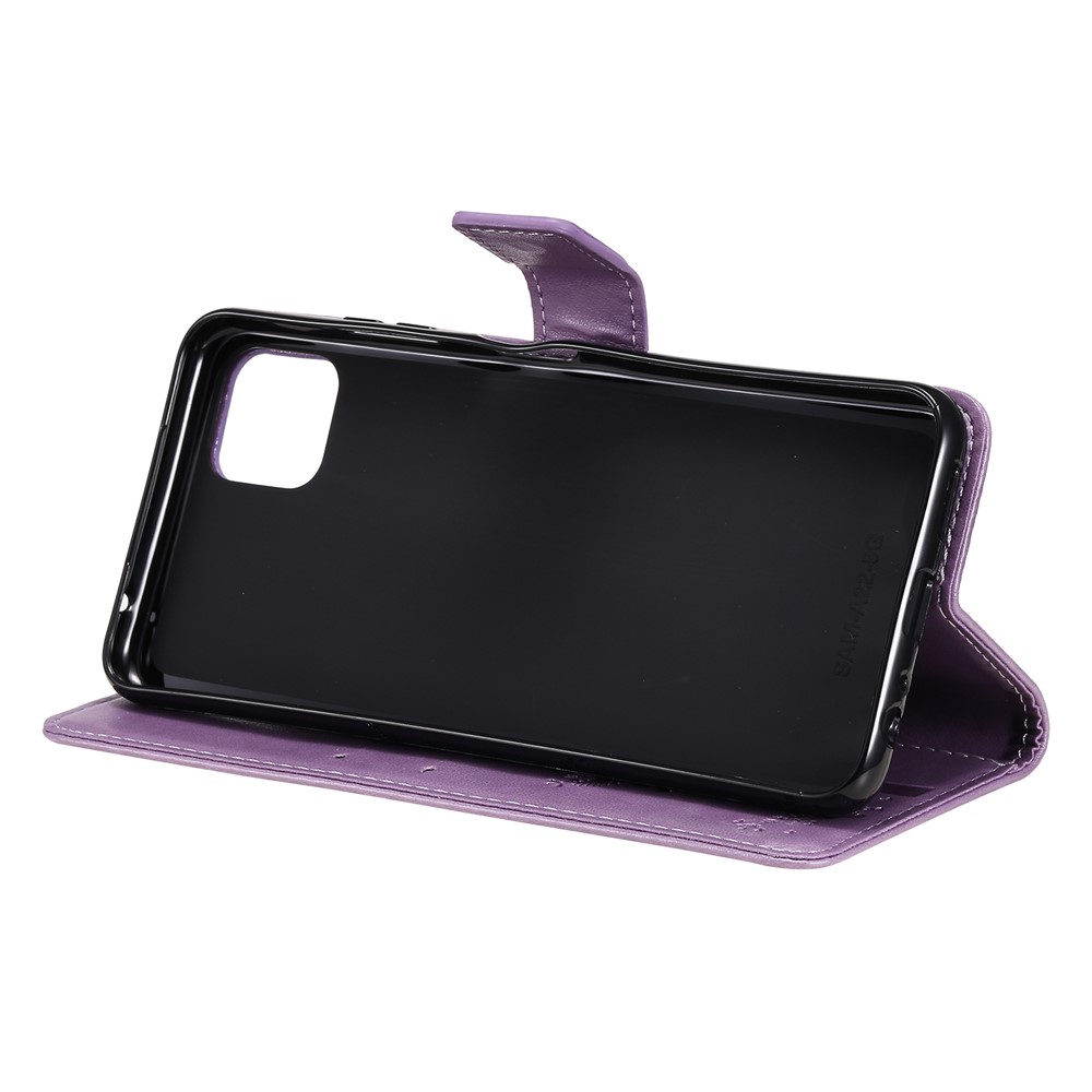 Imprinted Cat Tree Pattern PU Leather Stand Case Wallet Phone Cover Shell for Samsung Galaxy A22 5G (EU Version) - Light Purple-8