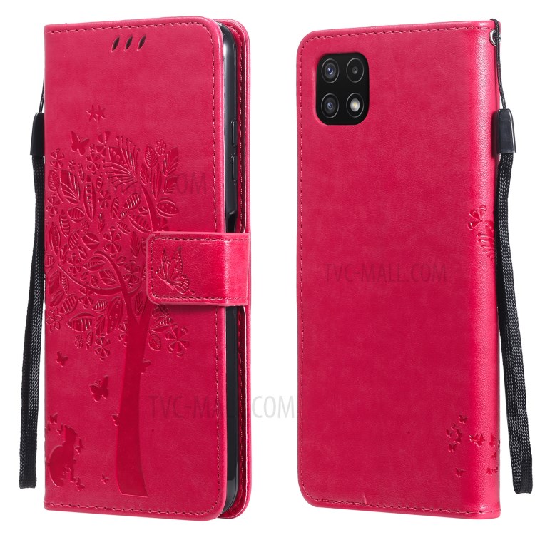 Imprinted Cat Tree Pattern PU Leather Stand Case Wallet Phone Cover Shell for Samsung Galaxy A22 5G (EU Version) - Rose-1