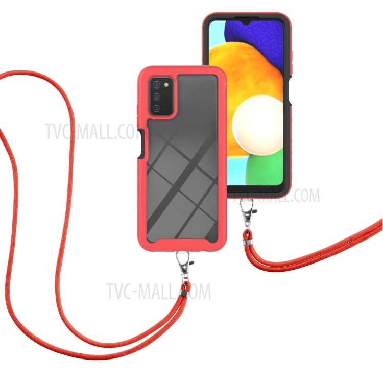 TPU + PC Hybrid Full Protective Phone Cover Shell with Lanyard for Samsung Galaxy A03s - Red-2