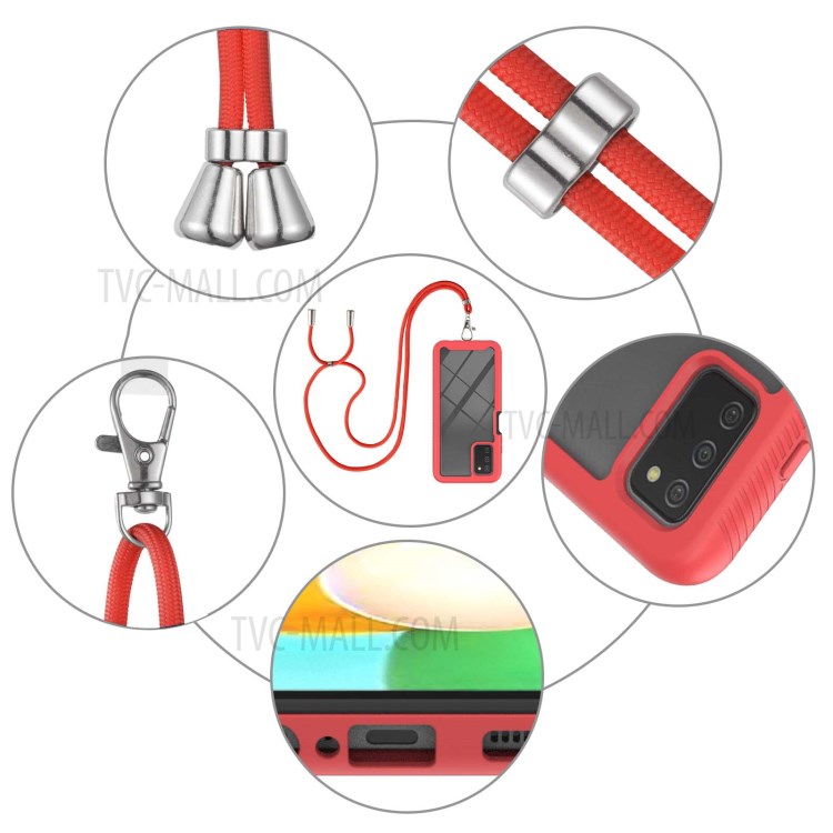 TPU + PC Hybrid Full Protective Phone Cover Shell with Lanyard for Samsung Galaxy A03s - Red-4