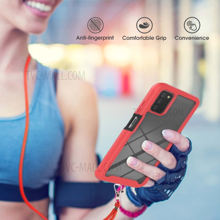 TPU + PC Hybrid Full Protective Phone Cover Shell with Lanyard for Samsung Galaxy A03s - Red-5