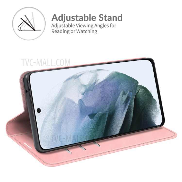 Magnetic Auto-absorbed Wallet Stand Leather Phone Case Cover for Samsung Galaxy S21+ 5G - Pink-4