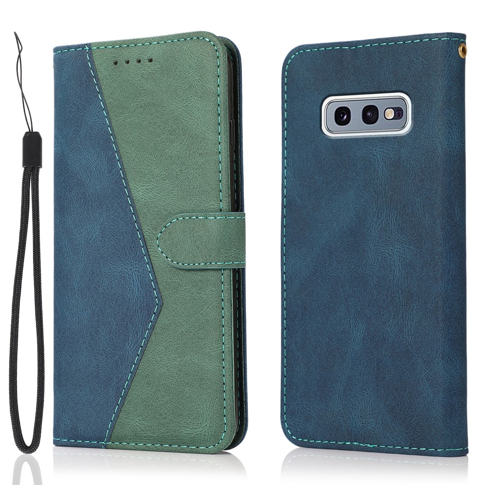 Color Splicing Leather Wallet Stand Mobile Phone Protection Cover Shell with Lanyard for Samsung Galaxy S10e - Blue/Green