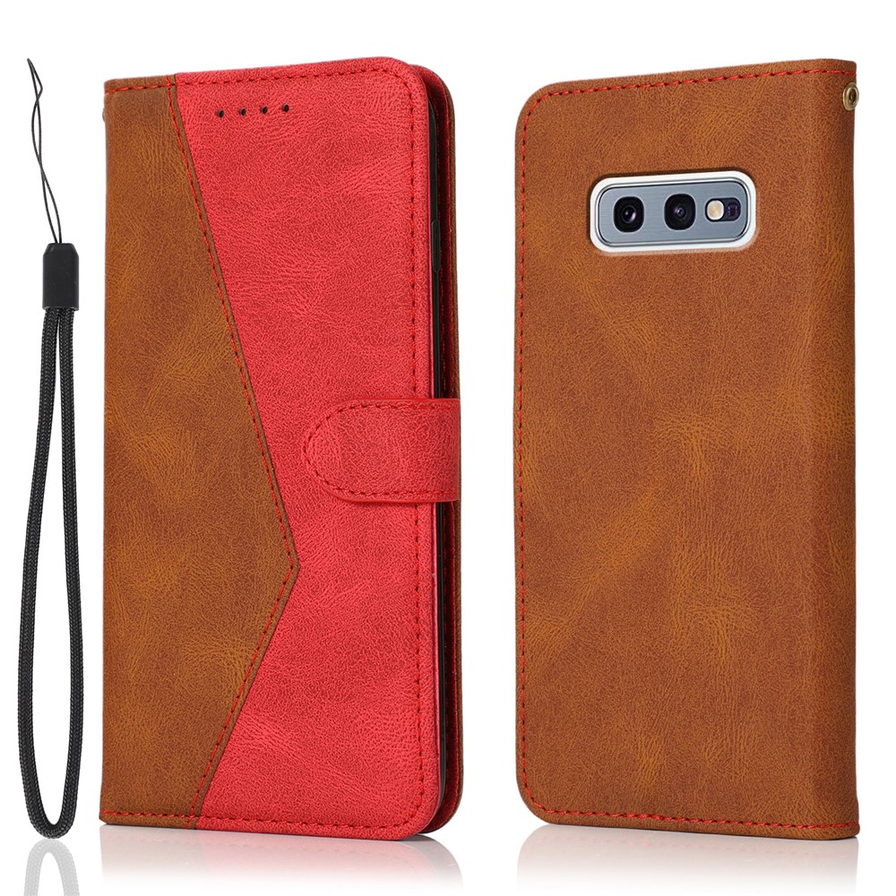 Color Splicing Leather Wallet Stand Mobile Phone Protection Cover Shell with Lanyard for Samsung Galaxy S10e - Brown/Red