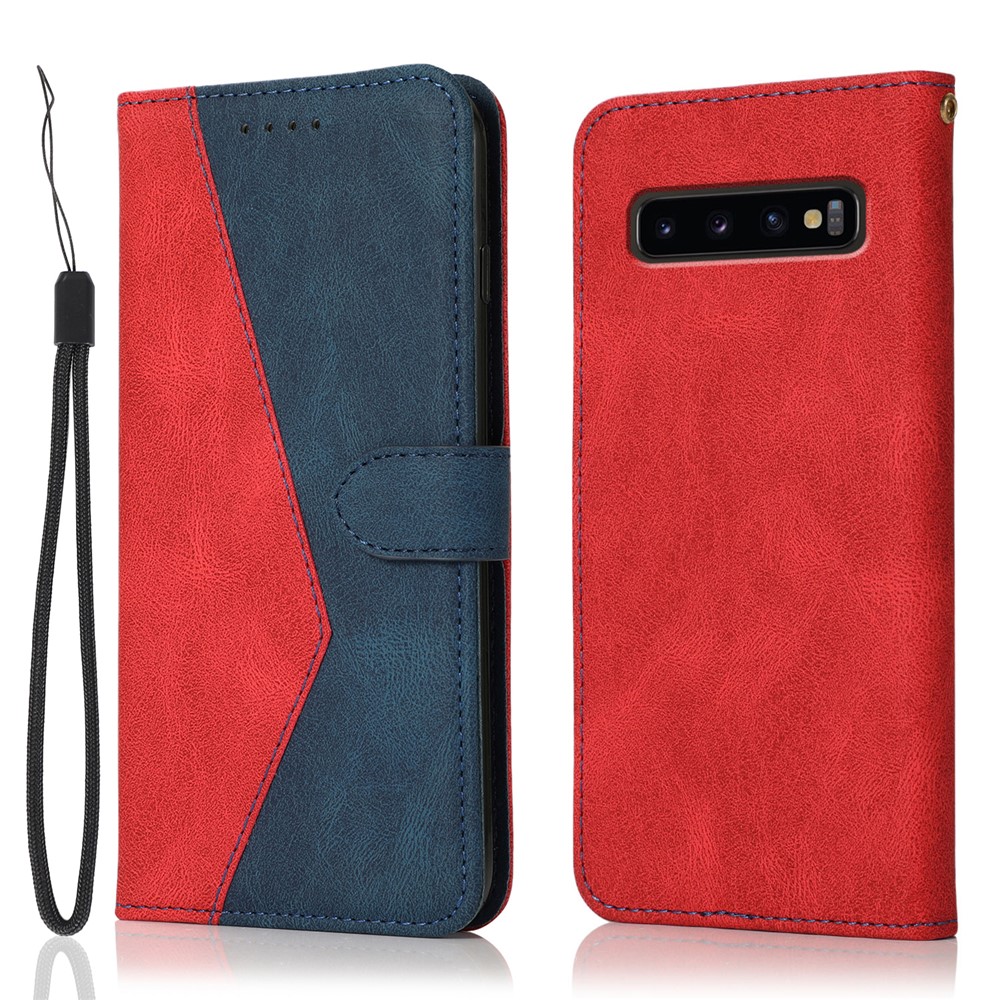 Color Splicing Design Leather Wallet Cell Phone Stand Cover Case with Lanyard for Samsung Galaxy S10 Plus - Red/Blue