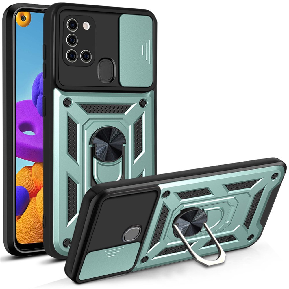 Kickstand PC + TPU Anti-fingerprint Durable Slide Camera Cover Phone Case for Samsung Galaxy A21s - Green