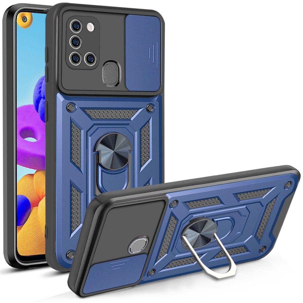 Kickstand PC + TPU Anti-fingerprint Durable Slide Camera Cover Phone Case for Samsung Galaxy A21s - Blue