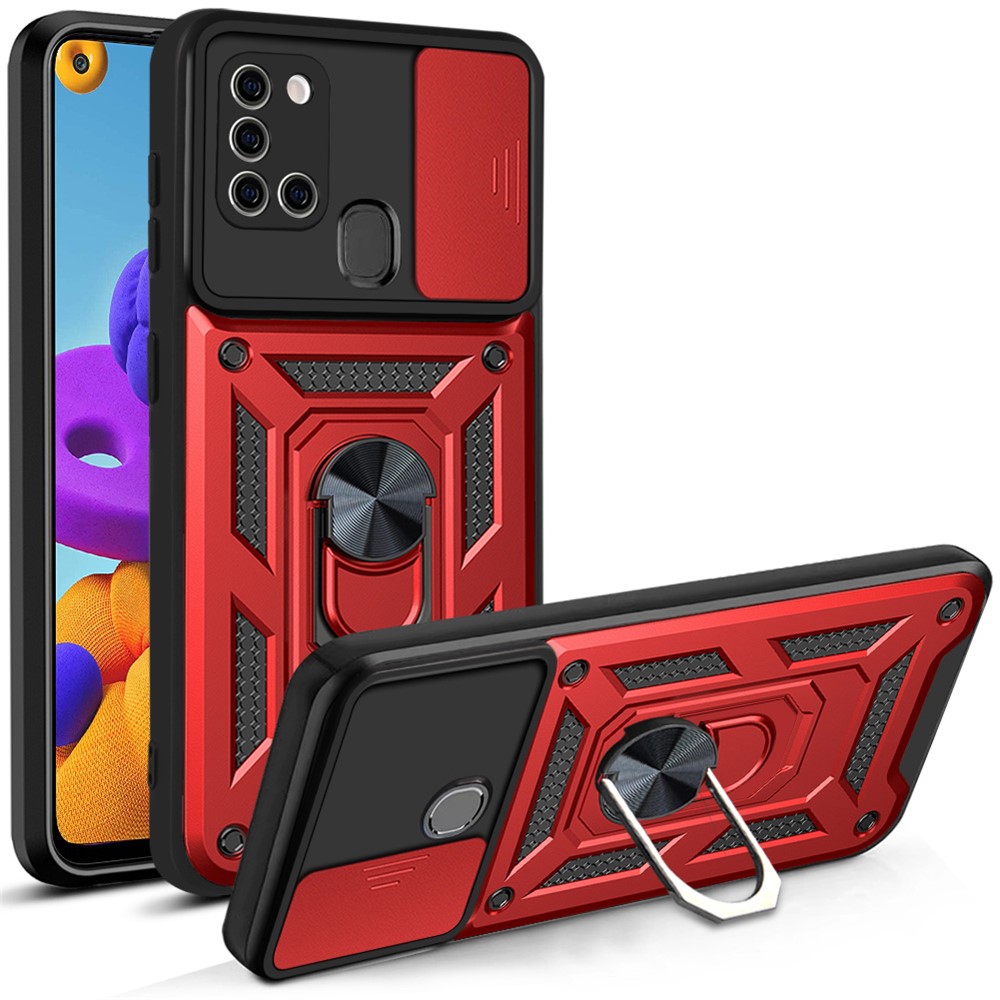 Kickstand PC + TPU Anti-fingerprint Durable Slide Camera Cover Phone Case for Samsung Galaxy A21s - Red