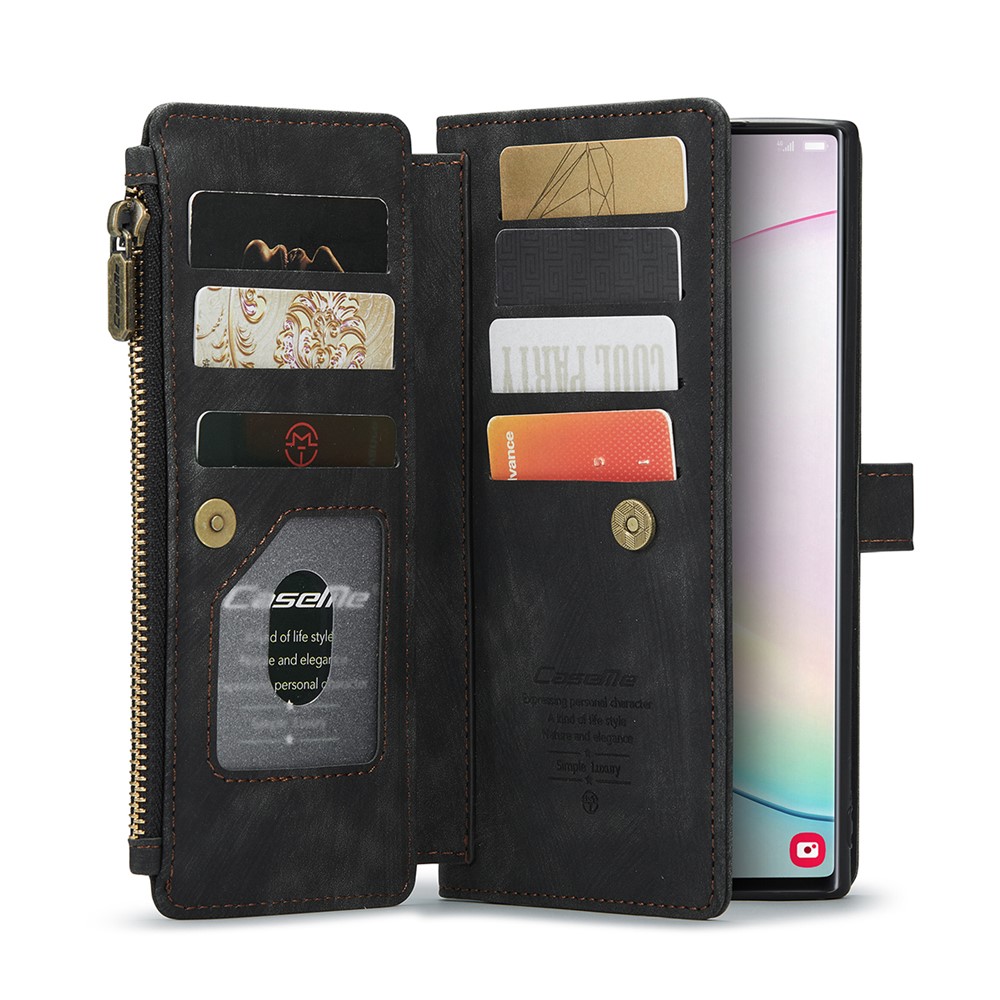 For Samsung Galaxy Note 10 Plus / Note 10 Plus 5G Phone Cases with Strap CASEME C30 Zipper Multiple Card Holder PU Leather Cover - Black
