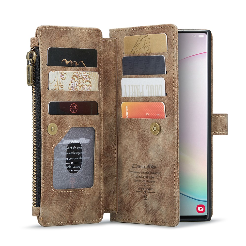 For Samsung Galaxy Note 10 Plus / Note 10 Plus 5G Phone Cases with Strap CASEME C30 Zipper Multiple Card Holder PU Leather Cover - Brown