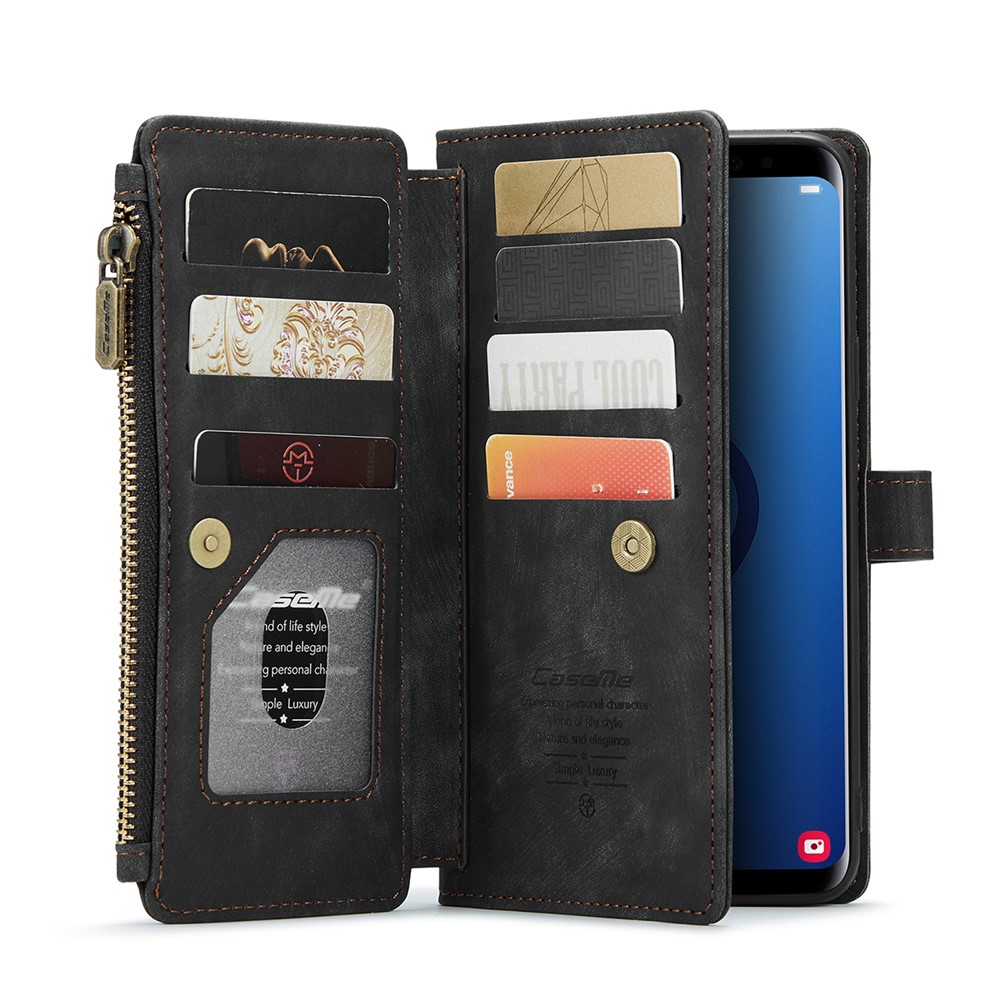 For Samsung Galaxy S9+ Phone Cases with Strap CASEME C30 Zipper Multiple Card Holder PU Leather Cover - Black