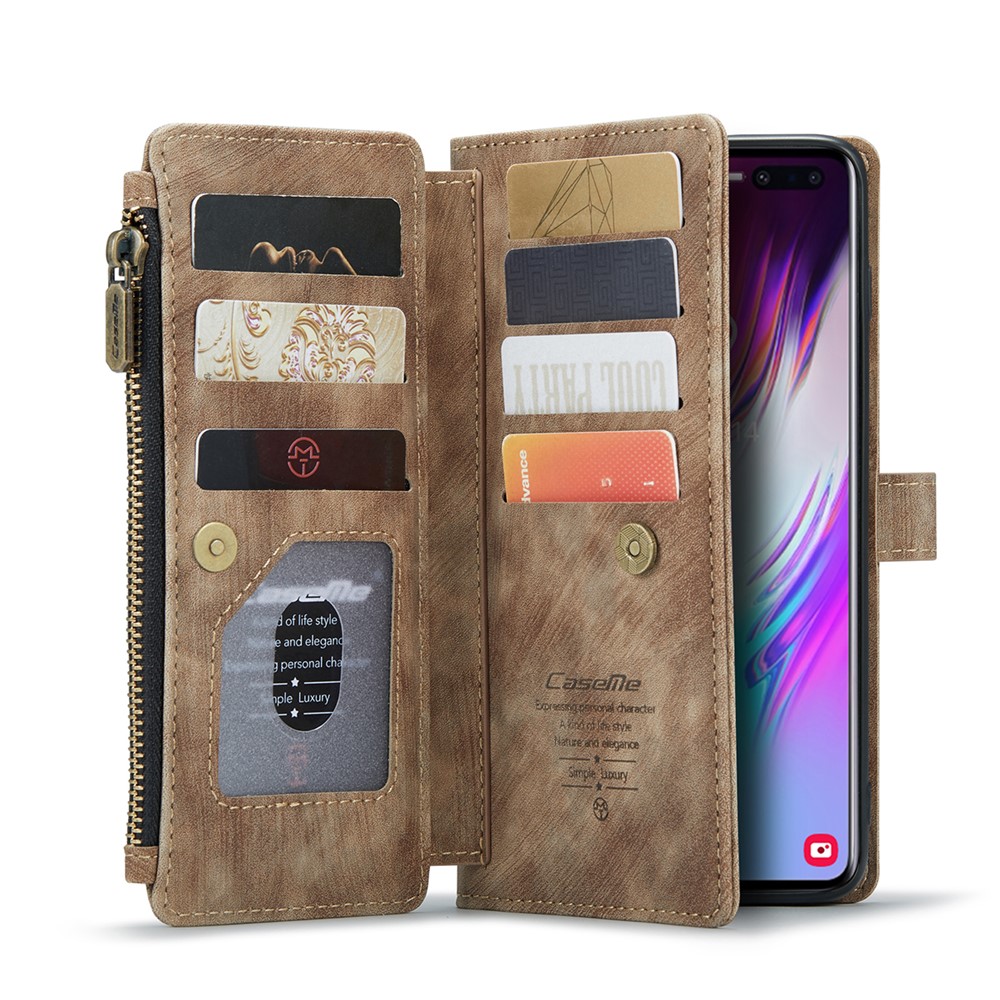 For Samsung Galaxy S10 Plus Phone Cases with Strap CASEME C30 Zipper Multiple Card Holder PU Leather Cover - Brown