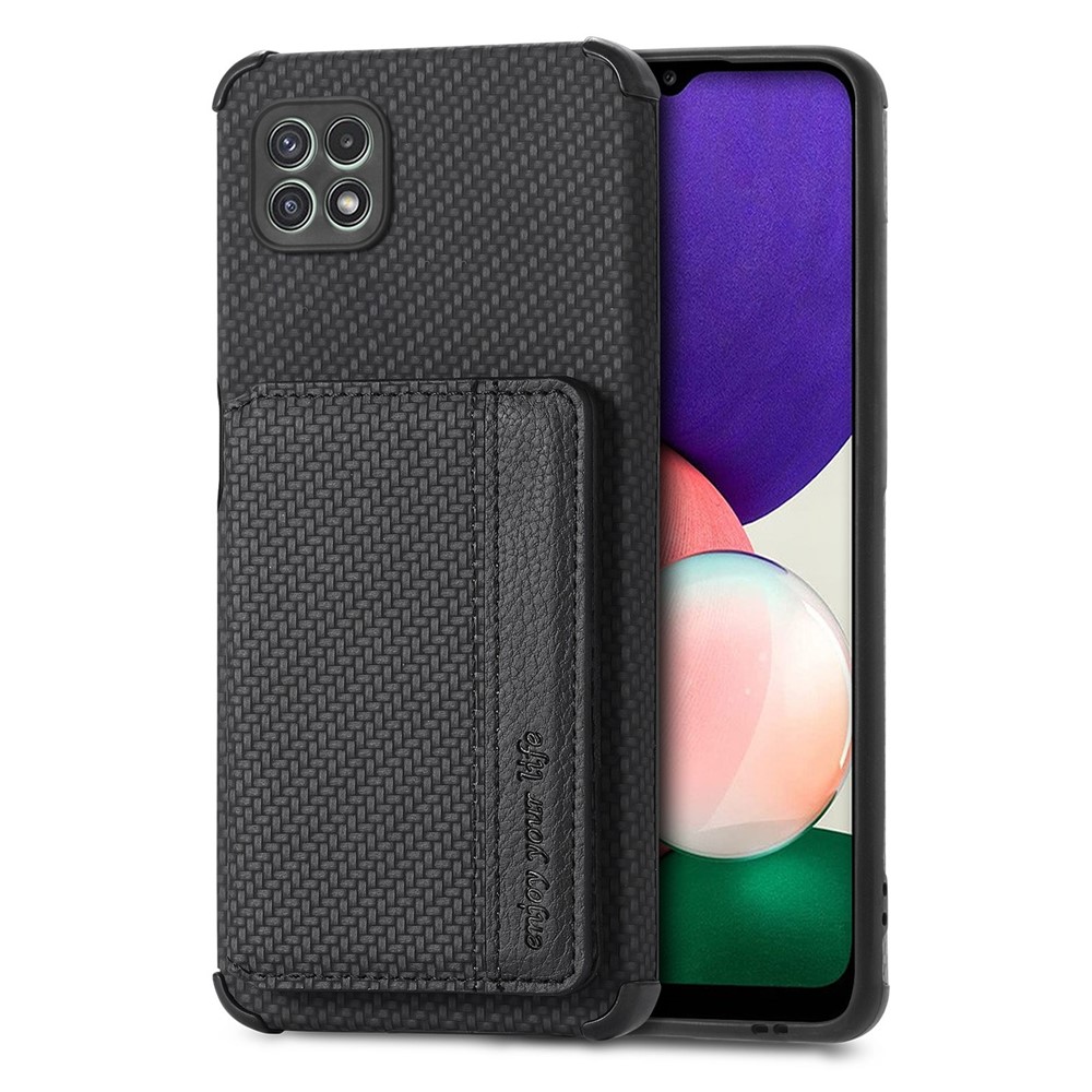 Woven Texture Thickened Four Corners Anti-Drop Built-in Magnet Wallet Leather Coated Phone Case with Kickstand for Samsung Galaxy A22 5G (EU Version) - Black-5