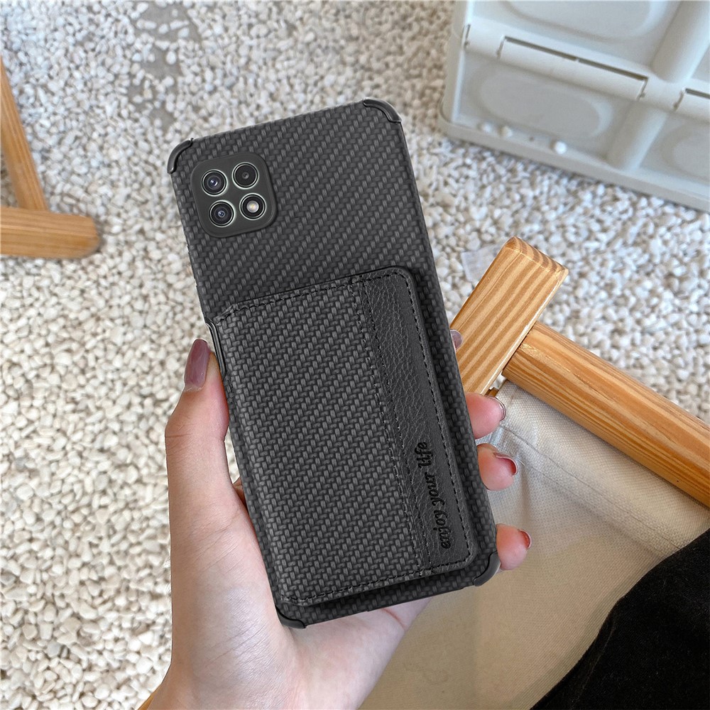 Woven Texture Thickened Four Corners Anti-Drop Built-in Magnet Wallet Leather Coated Phone Case with Kickstand for Samsung Galaxy A22 5G (EU Version) - Black-6