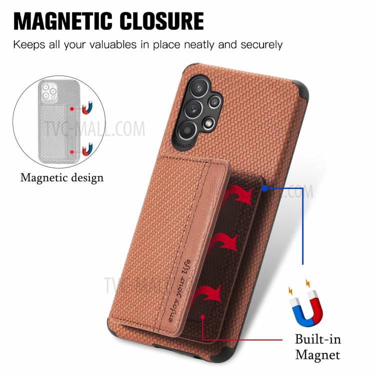 Woven Texture RFID Blocking Technology Durable Anti-Drop Built-in Magnet Wallet Kickstand Leather Coated Phone Case for Samsung Galaxy A32 5G - Brown-10