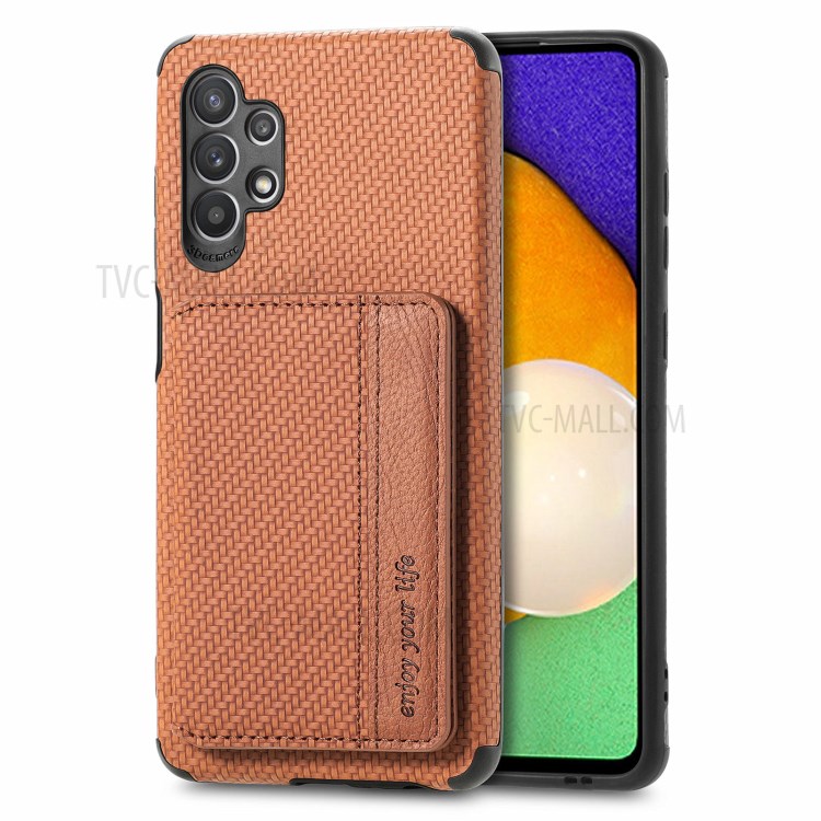 Woven Texture RFID Blocking Technology Durable Anti-Drop Built-in Magnet Wallet Kickstand Leather Coated Phone Case for Samsung Galaxy A32 5G - Brown-12
