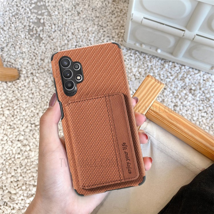 Woven Texture RFID Blocking Technology Durable Anti-Drop Built-in Magnet Wallet Kickstand Leather Coated Phone Case for Samsung Galaxy A32 5G - Brown-13