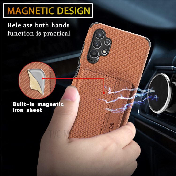 Woven Texture RFID Blocking Technology Durable Anti-Drop Built-in Magnet Wallet Kickstand Leather Coated Phone Case for Samsung Galaxy A32 5G - Brown-5