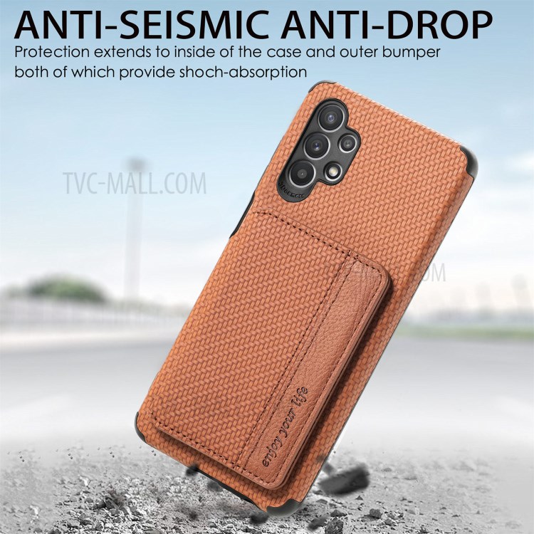 Woven Texture RFID Blocking Technology Durable Anti-Drop Built-in Magnet Wallet Kickstand Leather Coated Phone Case for Samsung Galaxy A32 5G - Brown-8