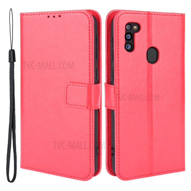 Crazy Horse PU Leather and TPU Phone Flip Case Wallet Design Protective Cellphone Cover Shell for Samsung Galaxy M21 2021 - Red-1