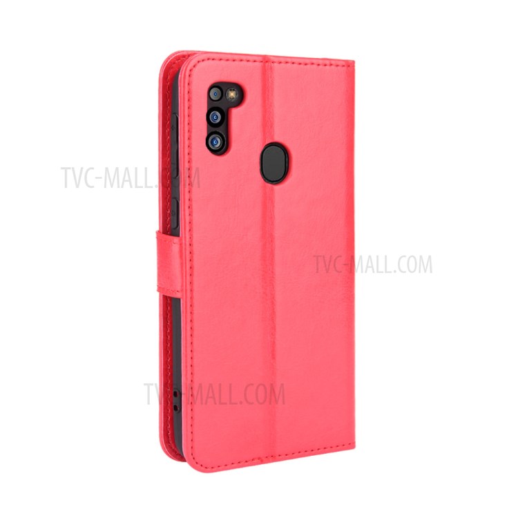 Crazy Horse PU Leather and TPU Phone Flip Case Wallet Design Protective Cellphone Cover Shell for Samsung Galaxy M21 2021 - Red-3