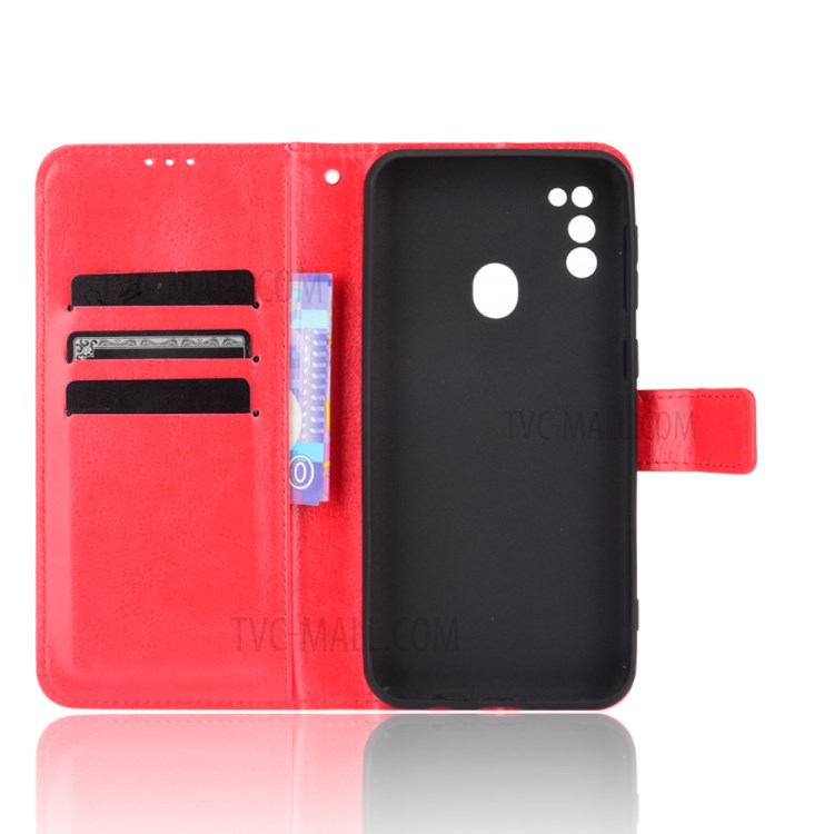 Crazy Horse PU Leather and TPU Phone Flip Case Wallet Design Protective Cellphone Cover Shell for Samsung Galaxy M21 2021 - Red-4
