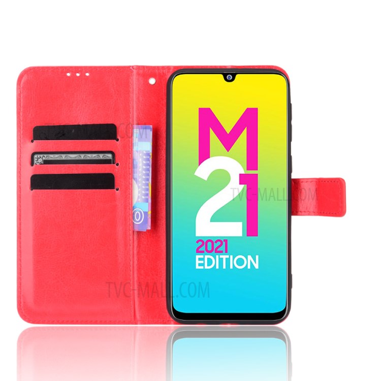 Crazy Horse PU Leather and TPU Phone Flip Case Wallet Design Protective Cellphone Cover Shell for Samsung Galaxy M21 2021 - Red-5