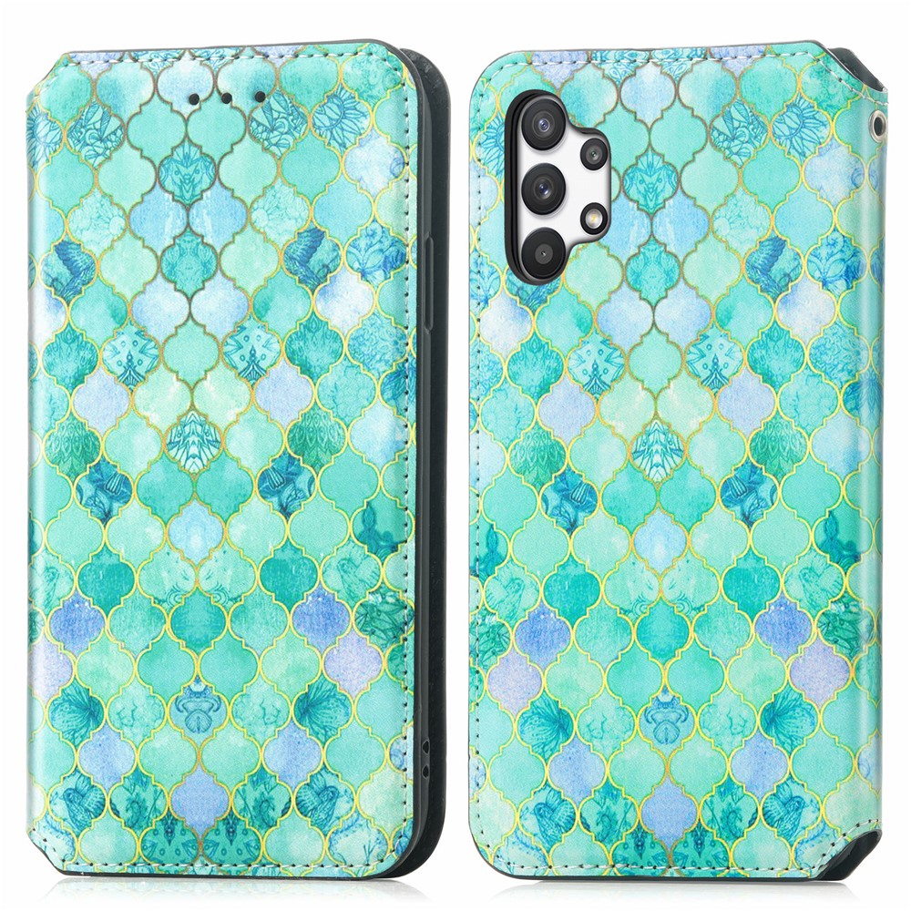 CASENEO 001 Series Colorful Pattern Printing Magnetic PU Leather RFID Blocking Wallet Stand Case for Samsung Galaxy A32 4G (EU Version) - Emerald-1