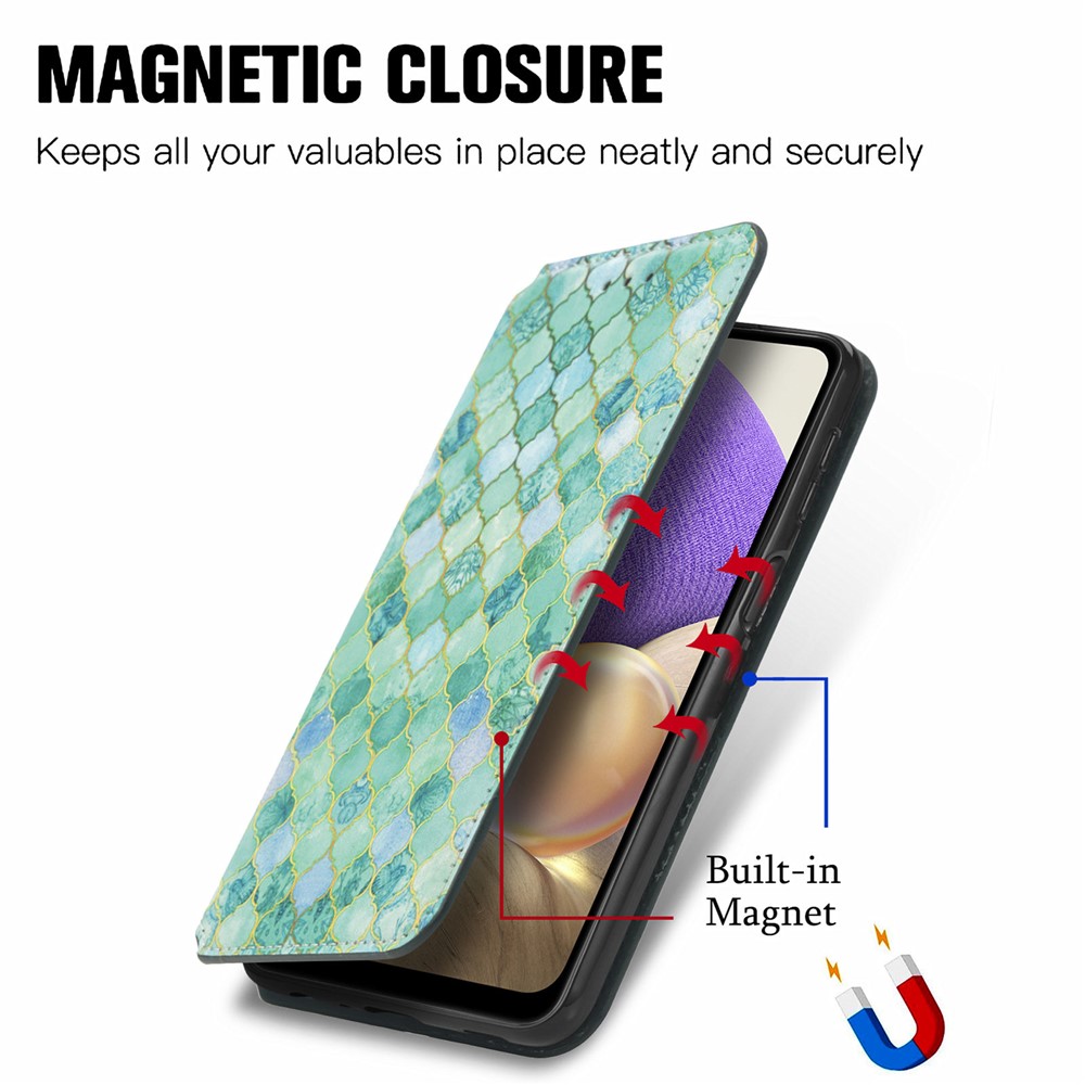 CASENEO 001 Series Colorful Pattern Printing Magnetic PU Leather RFID Blocking Wallet Stand Case for Samsung Galaxy A32 4G (EU Version) - Emerald-10
