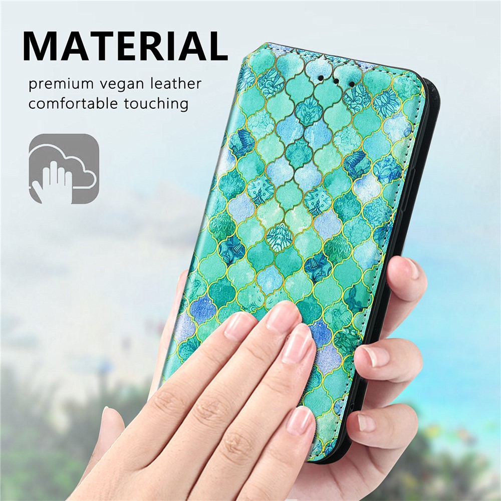 CASENEO 001 Series Colorful Pattern Printing Magnetic PU Leather RFID Blocking Wallet Stand Case for Samsung Galaxy A32 4G (EU Version) - Emerald-12