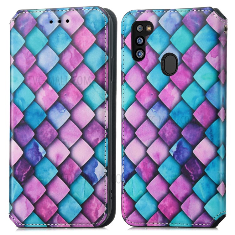 CASENEO 001 Series Strong-Magnet-Absorbed RFID Blocking Function Adjustable Stand Pattern Printing Leather Wallet Phone Cover Shell for Samsung Galaxy M21 2021 - Purple Scale-1