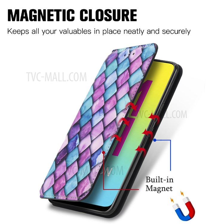 CASENEO 001 Series Strong-Magnet-Absorbed RFID Blocking Function Adjustable Stand Pattern Printing Leather Wallet Phone Cover Shell for Samsung Galaxy M21 2021 - Purple Scale-10