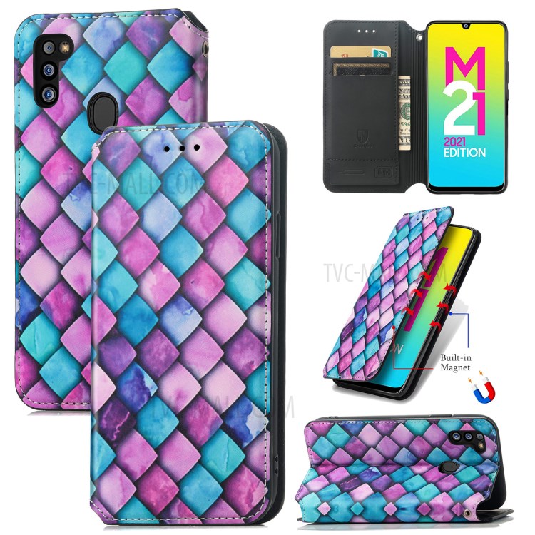 CASENEO 001 Series Strong-Magnet-Absorbed RFID Blocking Function Adjustable Stand Pattern Printing Leather Wallet Phone Cover Shell for Samsung Galaxy M21 2021 - Purple Scale-11