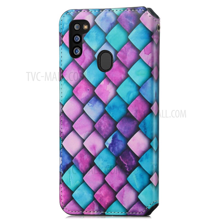 CASENEO 001 Series Strong-Magnet-Absorbed RFID Blocking Function Adjustable Stand Pattern Printing Leather Wallet Phone Cover Shell for Samsung Galaxy M21 2021 - Purple Scale-3